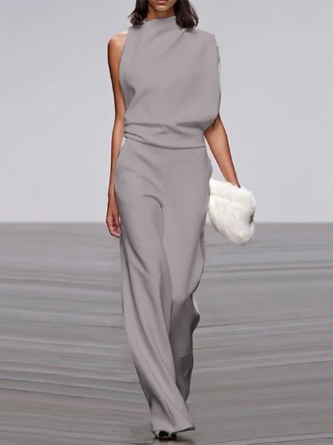 Women's round-neck, sleeveless jumpsuit with flared legs