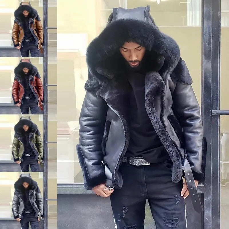 Sheepskin Leather Jacket | Man Winter Fur Hood Coat Motorcycle Jackets