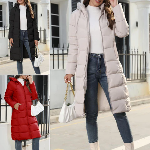 Hooded, long, down jacket, ladies' jacket