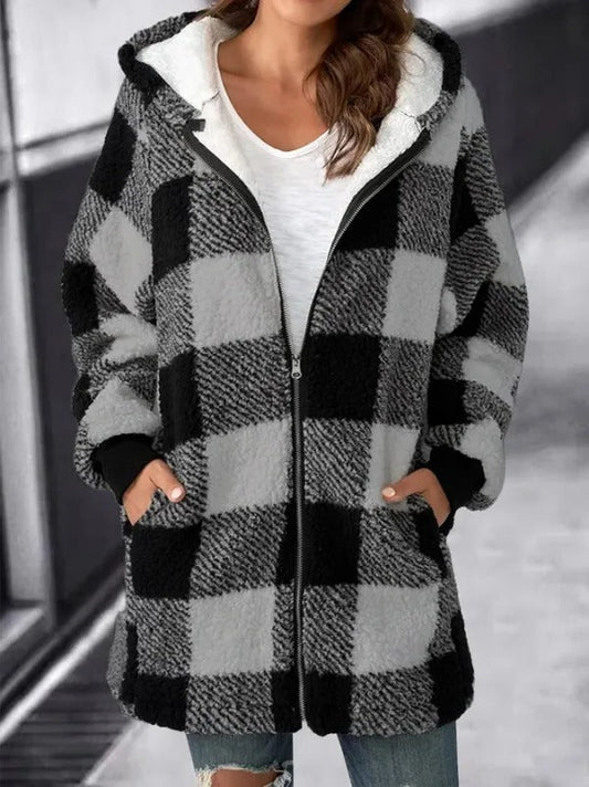 Women Oversized Hoodie Plaid Loose Overcoat