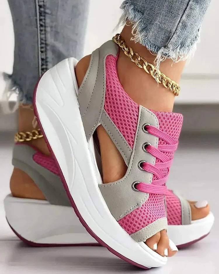 Contrast Paneled Cutout Lace-up Muffin Sandals