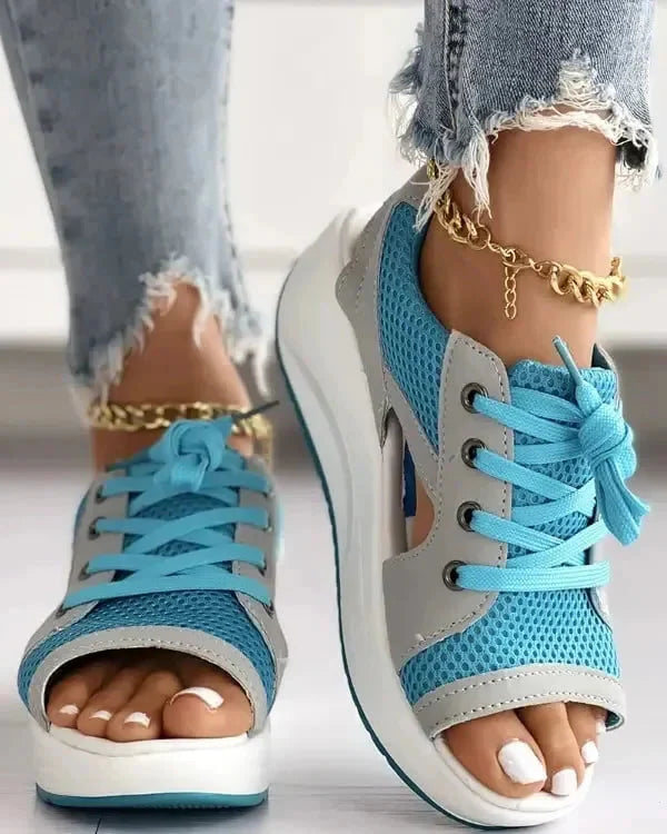Contrast Paneled Cutout Lace-up Muffin Sandals