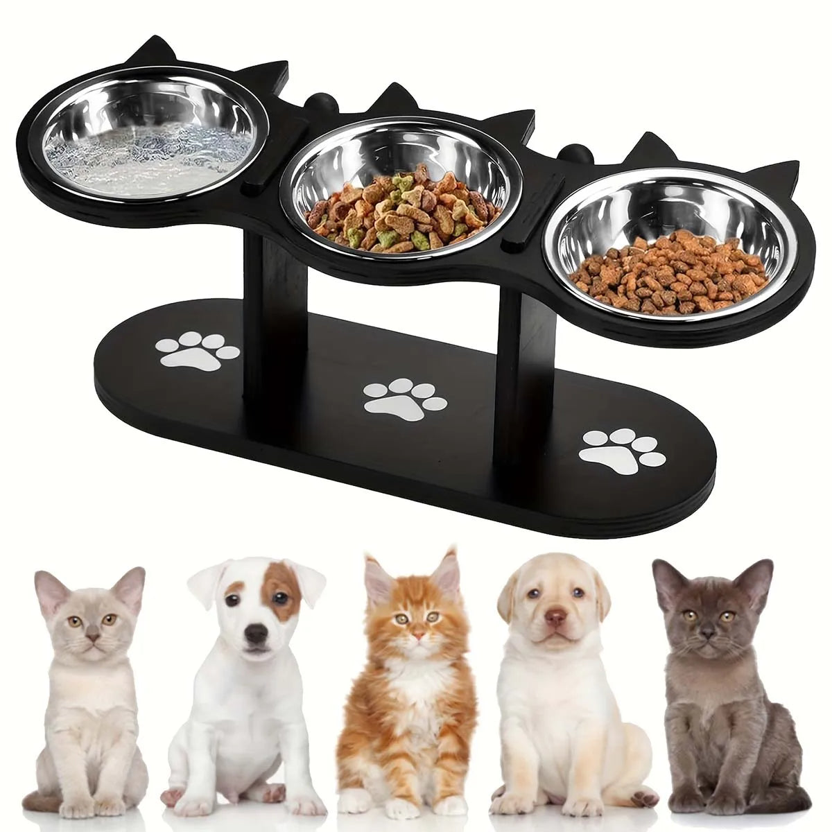 Elevated Cat Bowl with 3 Stainless Steel Dishes