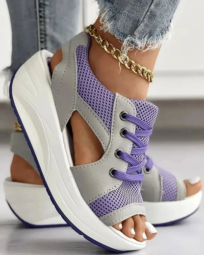 Contrast Paneled Cutout Lace-up Muffin Sandals