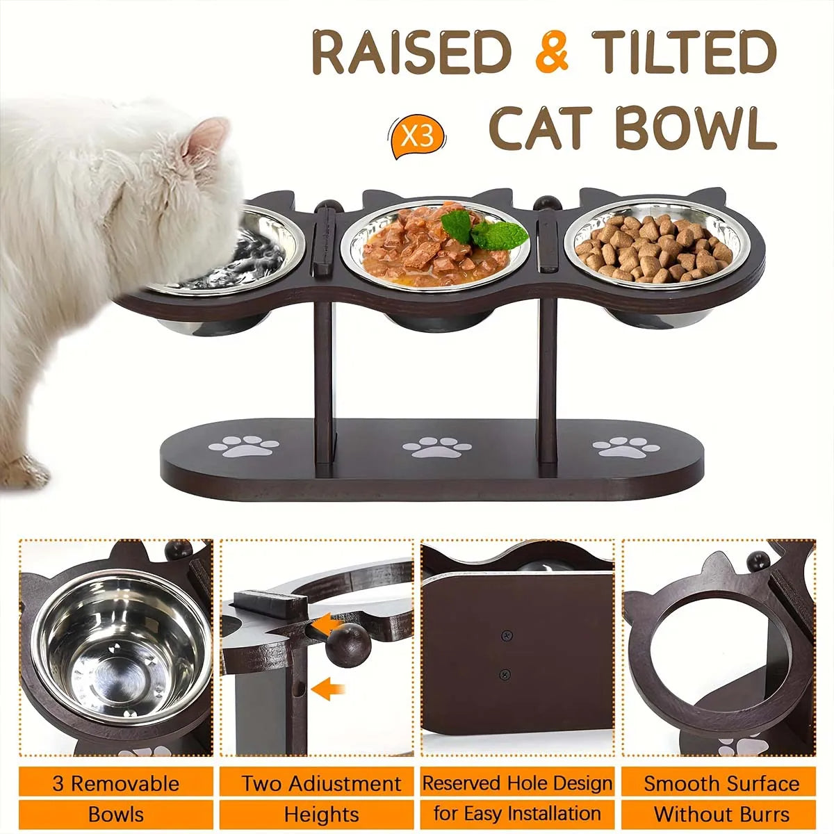 Elevated Cat Bowl with 3 Stainless Steel Dishes