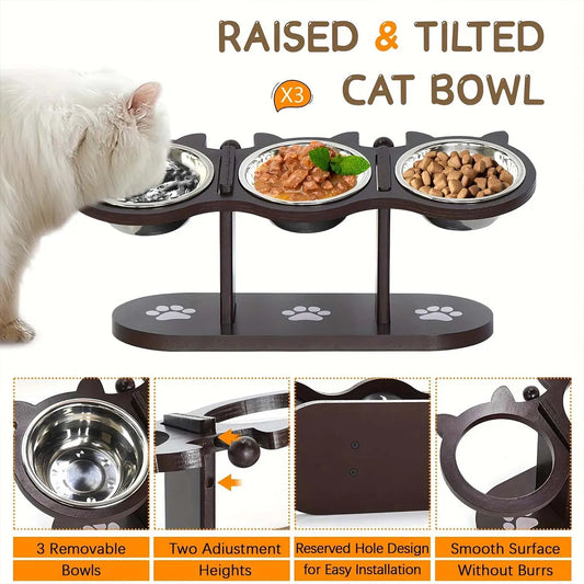 Elevated Cat Bowl with 3 Stainless Steel Dishes