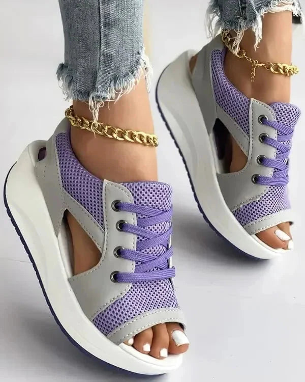 Contrast Paneled Cutout Lace-up Muffin Sandals