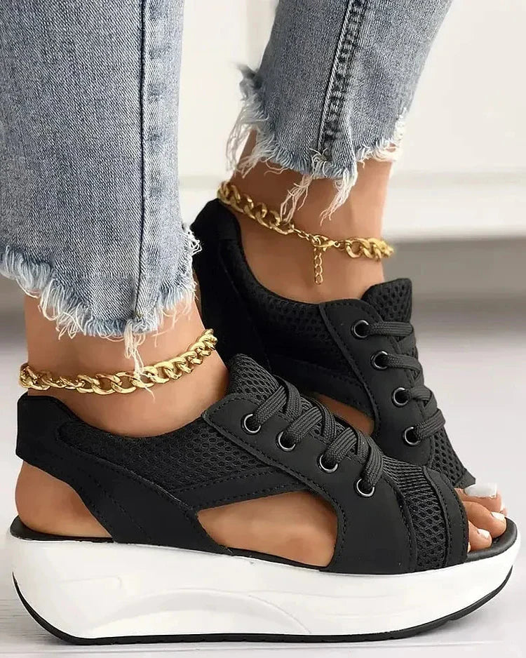 Contrast Paneled Cutout Lace-up Muffin Sandals