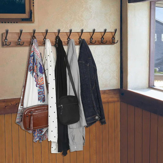 Wooden Wall-Mounted Coat Rack with 10 Hooks