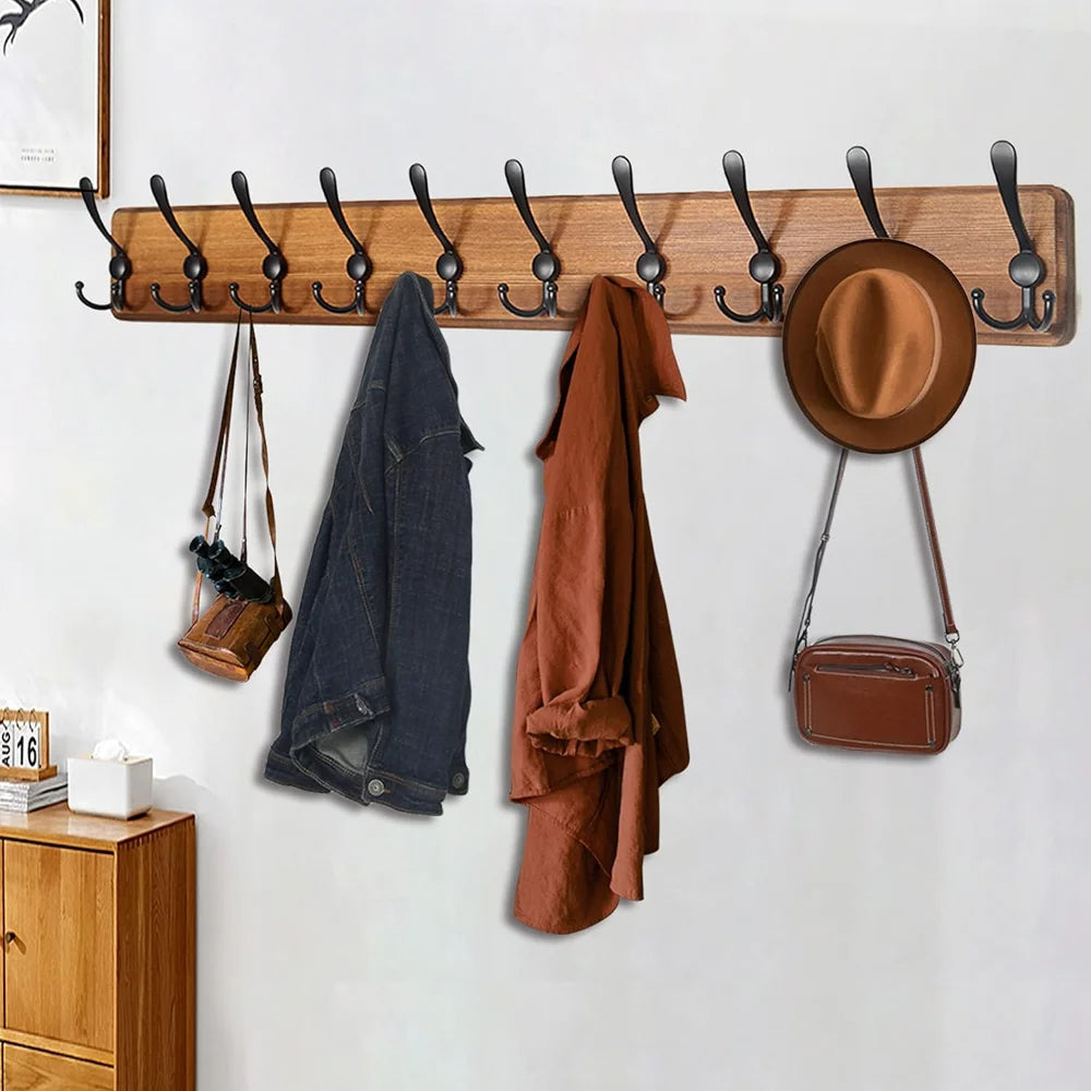 Wooden Wall-Mounted Coat Rack with 10 Hooks