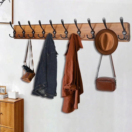 Wooden Wall-Mounted Coat Rack with 10 Hooks