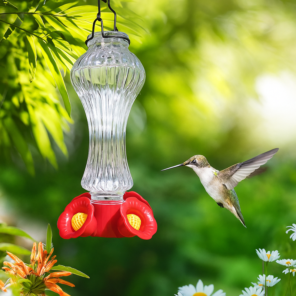 Flowers Glass Hummingbird Feeder With Ant Moat