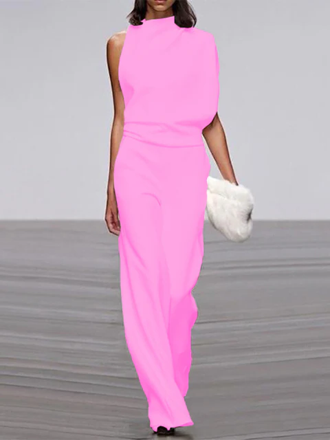 Women's round-neck, sleeveless jumpsuit with flared legs