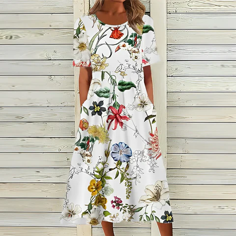 Stylish white dress with floral pattern