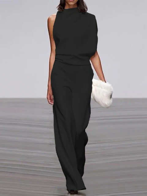 Women's round-neck, sleeveless jumpsuit with flared legs