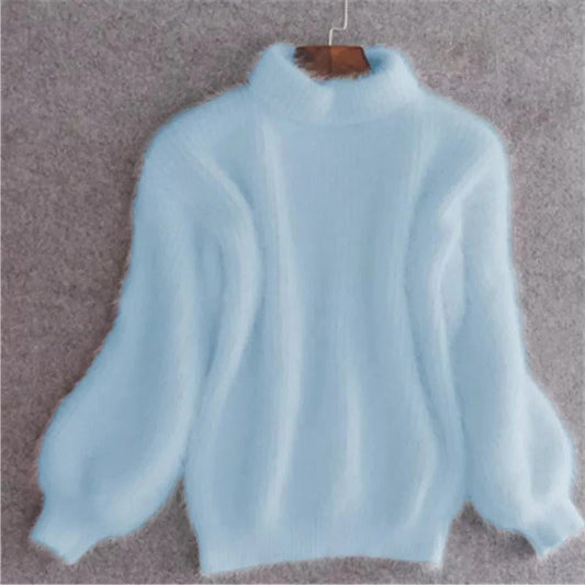 Solid Color Loose Knit Sweater - Vintage Style Angora Pullover for Women