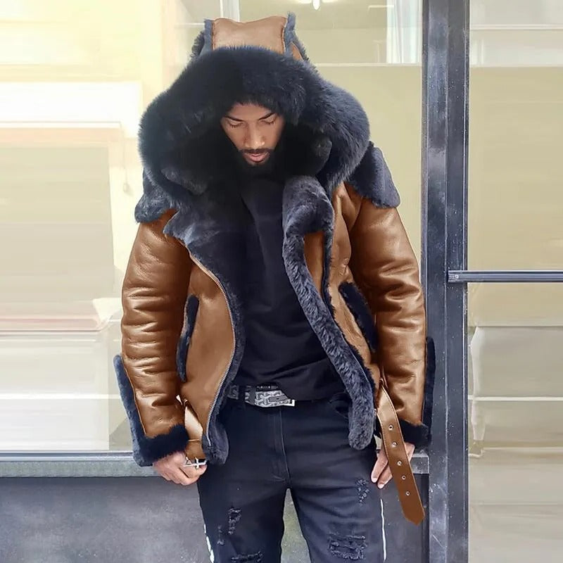 Sheepskin Leather Jacket | Man Winter Fur Hood Coat Motorcycle Jackets