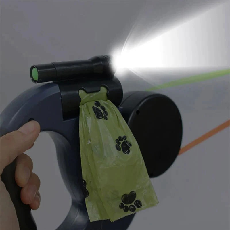Dual Dog Leash with Flashlight & Waste Bag