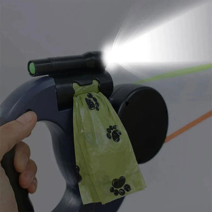 Dual Dog Leash with Flashlight & Waste Bag
