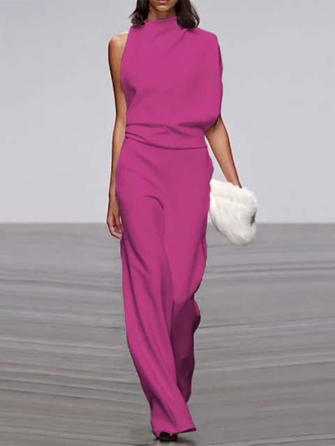 Women's round-neck, sleeveless jumpsuit with flared legs