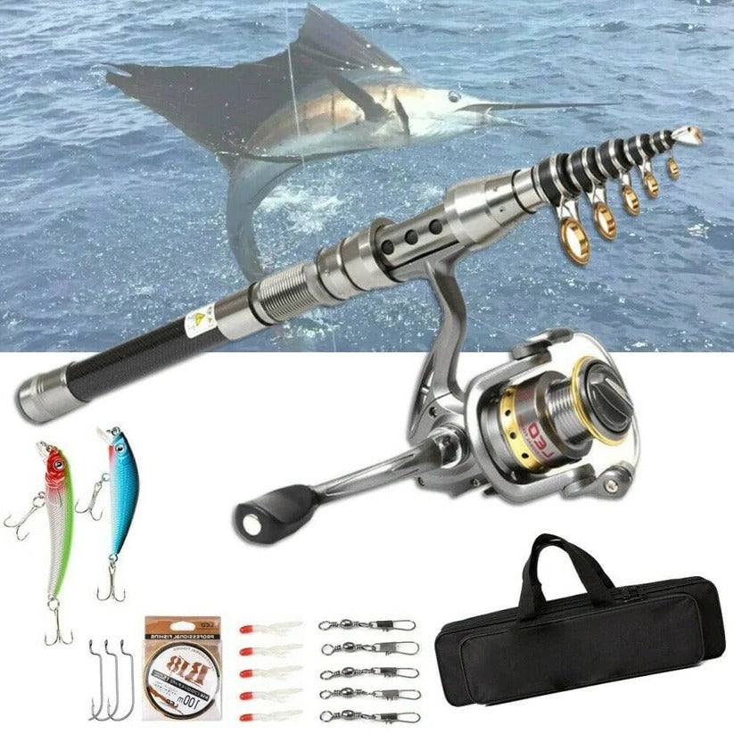 Carbon Fiber Telescopic Fishing Rod Pole Reel Combo Sea Saltwater Freshwater