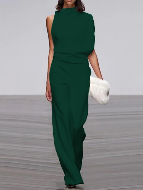 Women's round-neck, sleeveless jumpsuit with flared legs