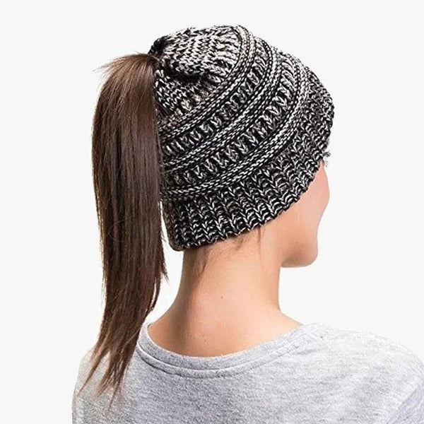 Ponytail Beanie Messy Bun Women's Beanie Solid Ribbed Hat Cap