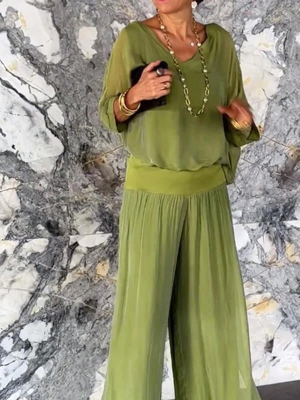 Elegant two-piece wide-leg chiffon pants