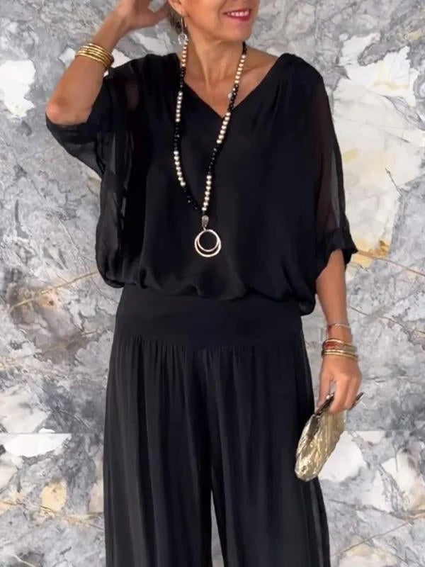 Elegant two-piece wide-leg chiffon pants