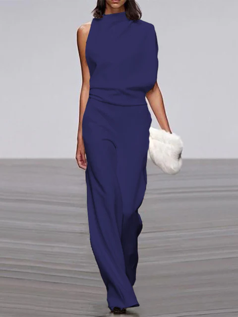 Women's round-neck, sleeveless jumpsuit with flared legs