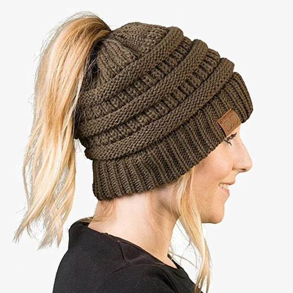 Ponytail Beanie Messy Bun Women's Beanie Solid Ribbed Hat Cap