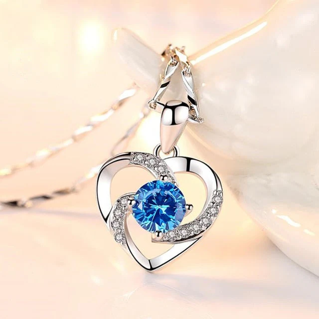 Crystal Heart Necklace - 925 Sterling Silver Pendant CZ Crystal