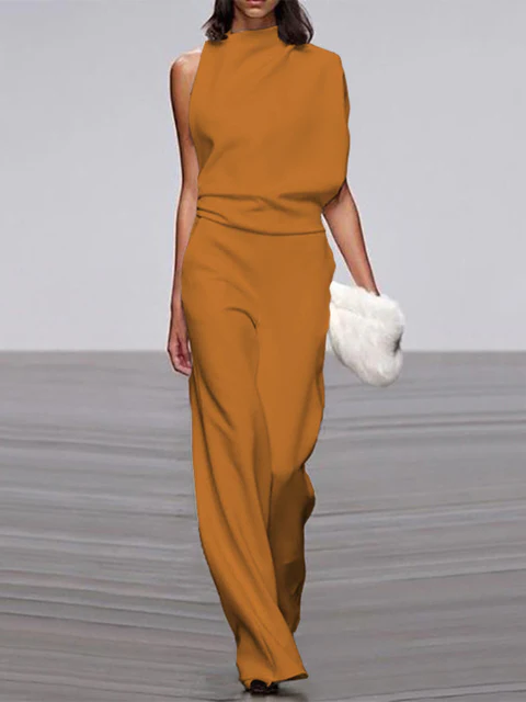 Women's round-neck, sleeveless jumpsuit with flared legs