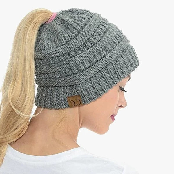 Ponytail Beanie Messy Bun Women's Beanie Solid Ribbed Hat Cap