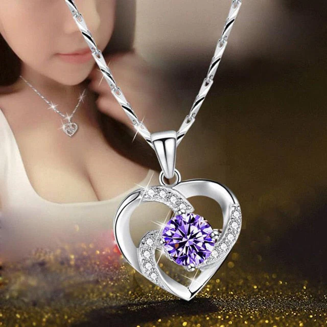 Crystal Heart Necklace - 925 Sterling Silver Pendant CZ Crystal