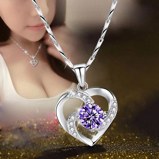Crystal Heart Necklace - 925 Sterling Silver Pendant CZ Crystal