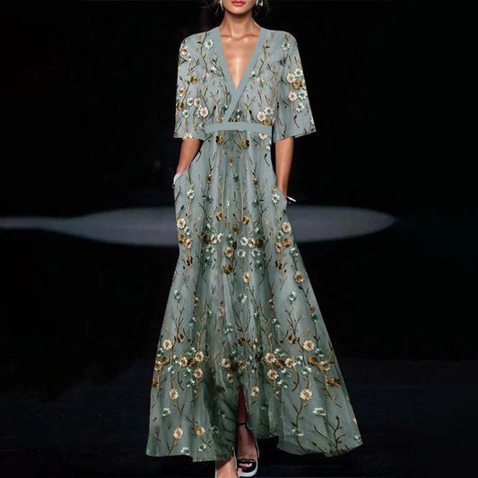 Youthful Green Long Dress with Half Sleeves