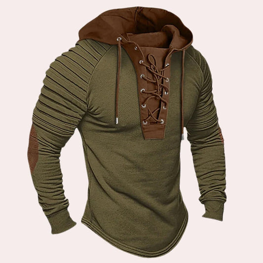 Modern men's sweatshirt with lace-up closure and hood