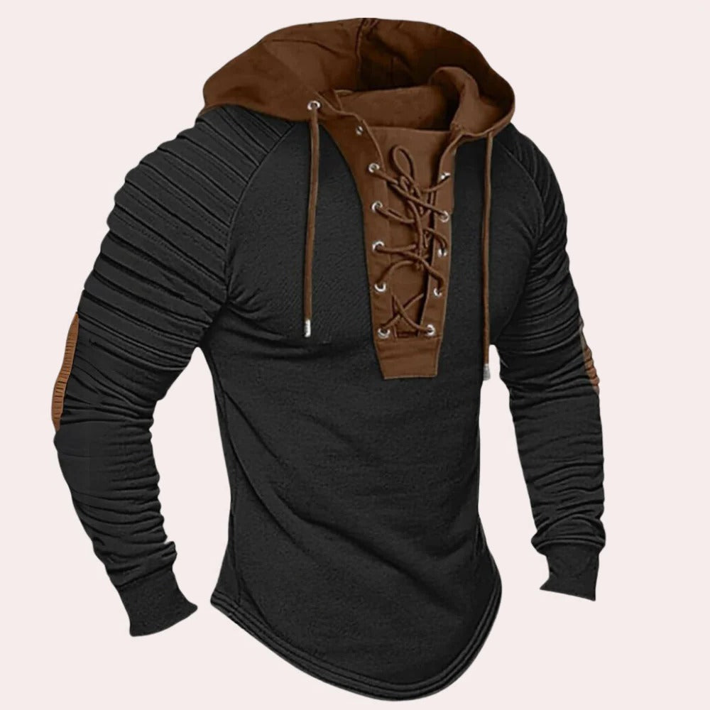 Modern men's sweatshirt with lace-up closure and hood