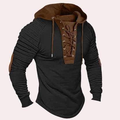 Modern men's sweatshirt with lace-up closure and hood