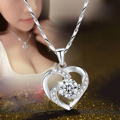 Crystal Heart Necklace - 925 Sterling Silver Pendant CZ Crystal