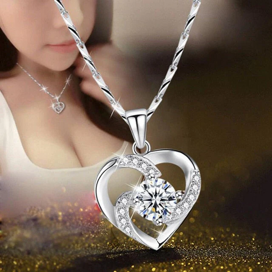 Crystal Heart Necklace - 925 Sterling Silver Pendant CZ Crystal