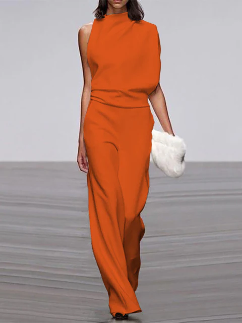 Women's round-neck, sleeveless jumpsuit with flared legs