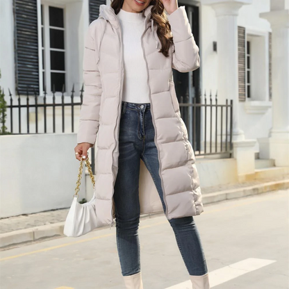 Hooded, long, down jacket, ladies' jacket