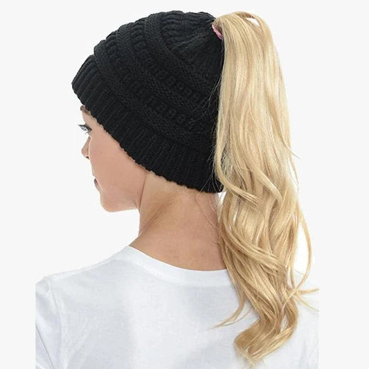 Ponytail Beanie Messy Bun Women's Beanie Solid Ribbed Hat Cap