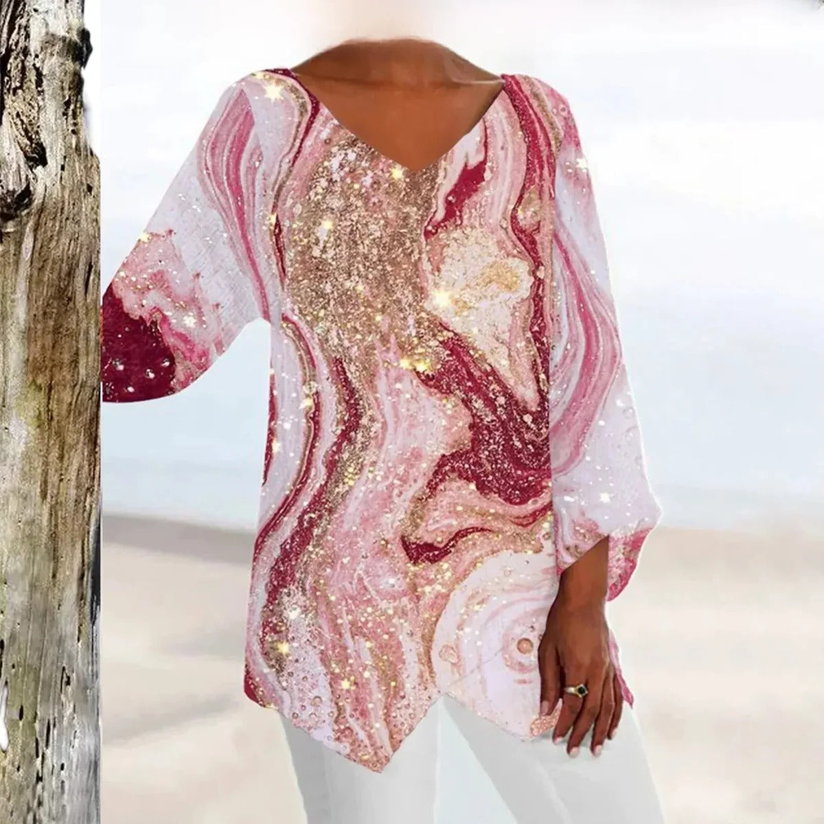 Women's vintage V-neck top with elegant fit