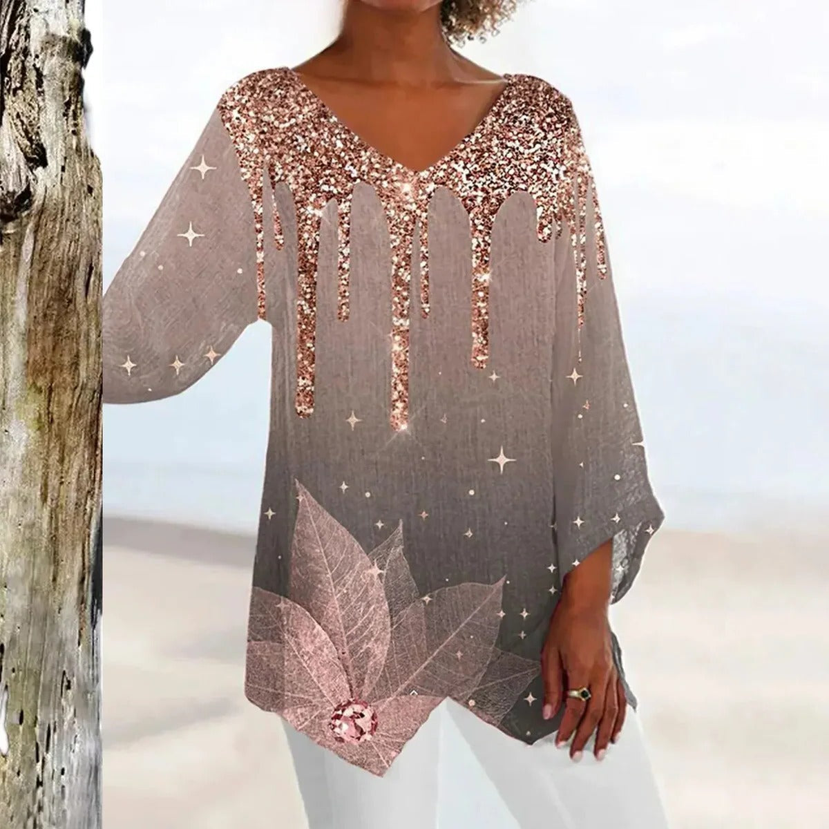 Women's vintage V-neck top with elegant fit