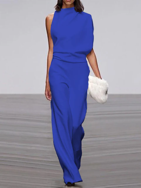 Women's round-neck, sleeveless jumpsuit with flared legs