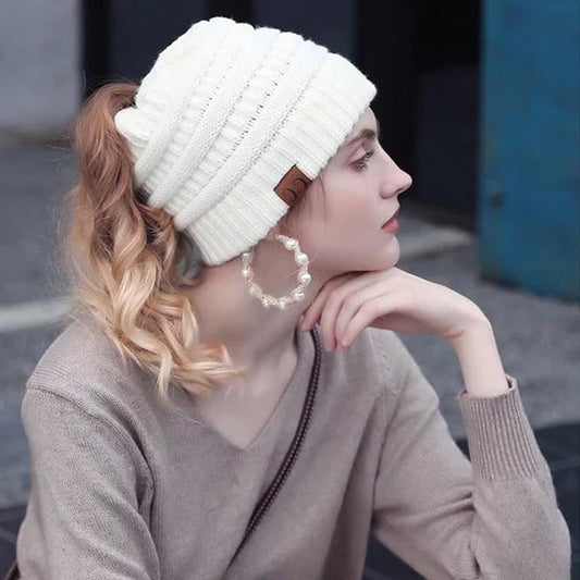 Ponytail Beanie Messy Bun Women's Beanie Solid Ribbed Hat Cap