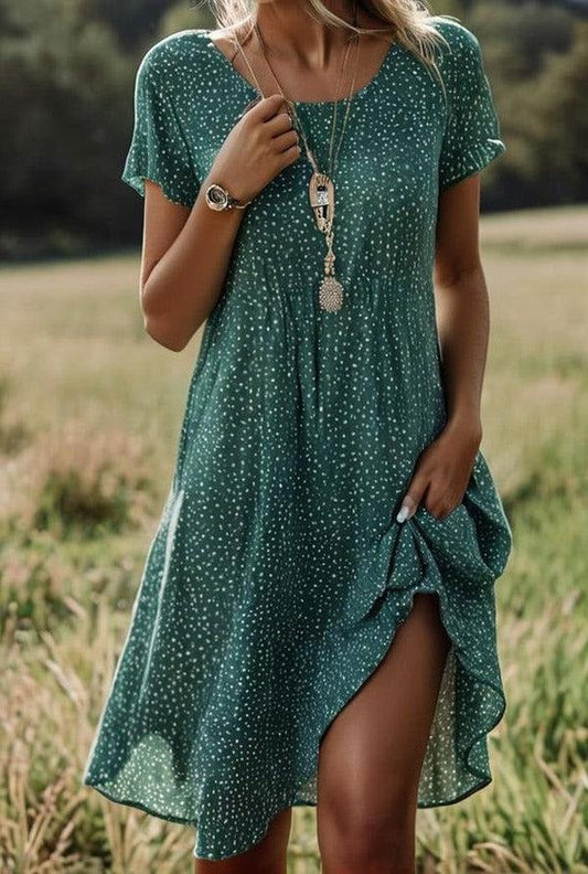 Chic Green Polka Dot Midi Dress with Short Sleeves
